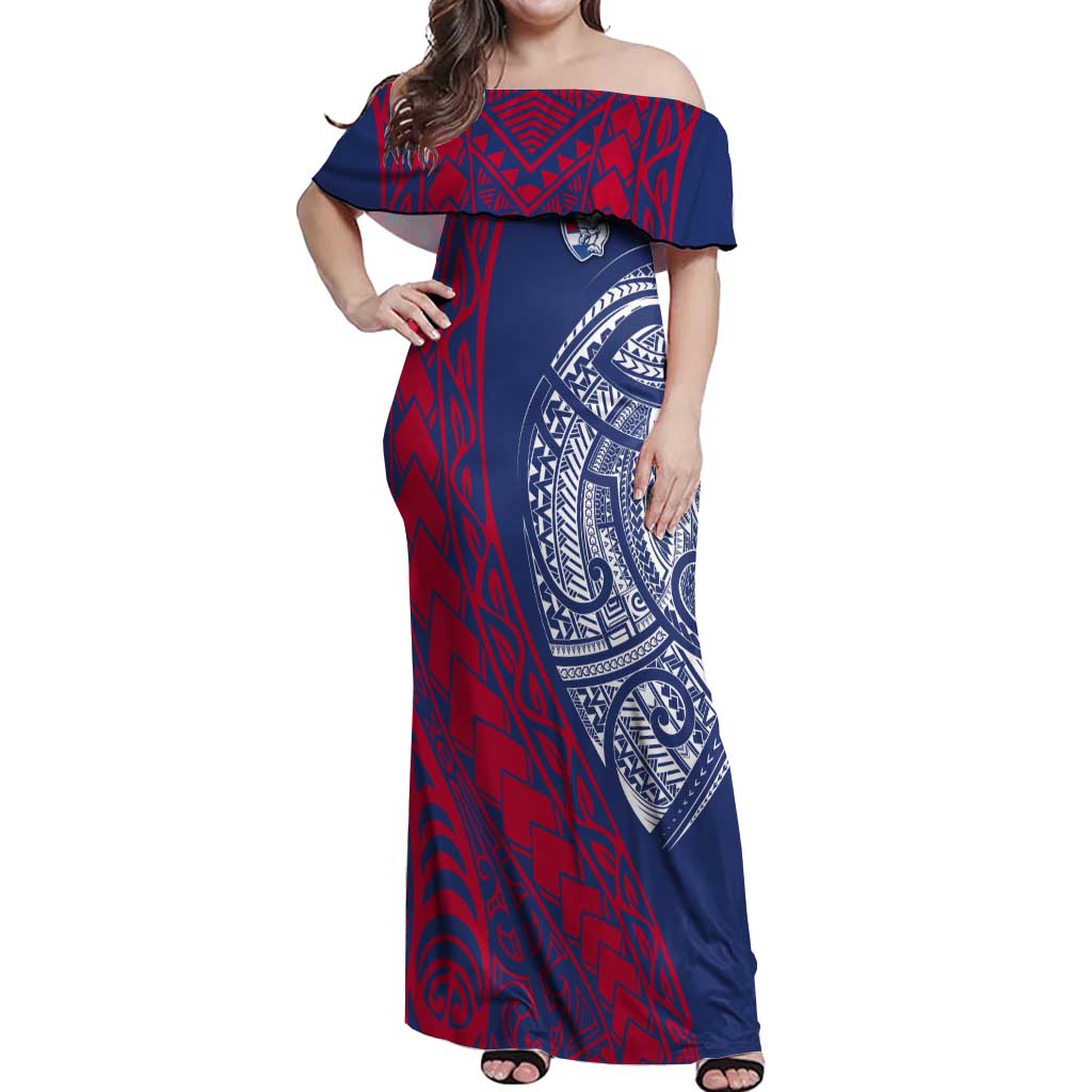 Personalised Western Bulldogs Mascot Off Shoulder Maxi Dress Polynesian Tribal Pattern Bold Bulldog Football