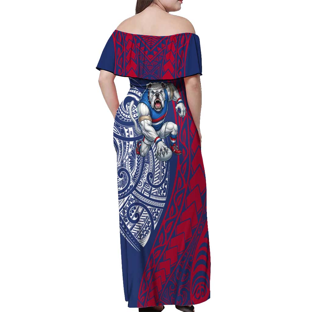 Personalised Western Bulldogs Mascot Off Shoulder Maxi Dress Polynesian Tribal Pattern Bold Bulldog Football