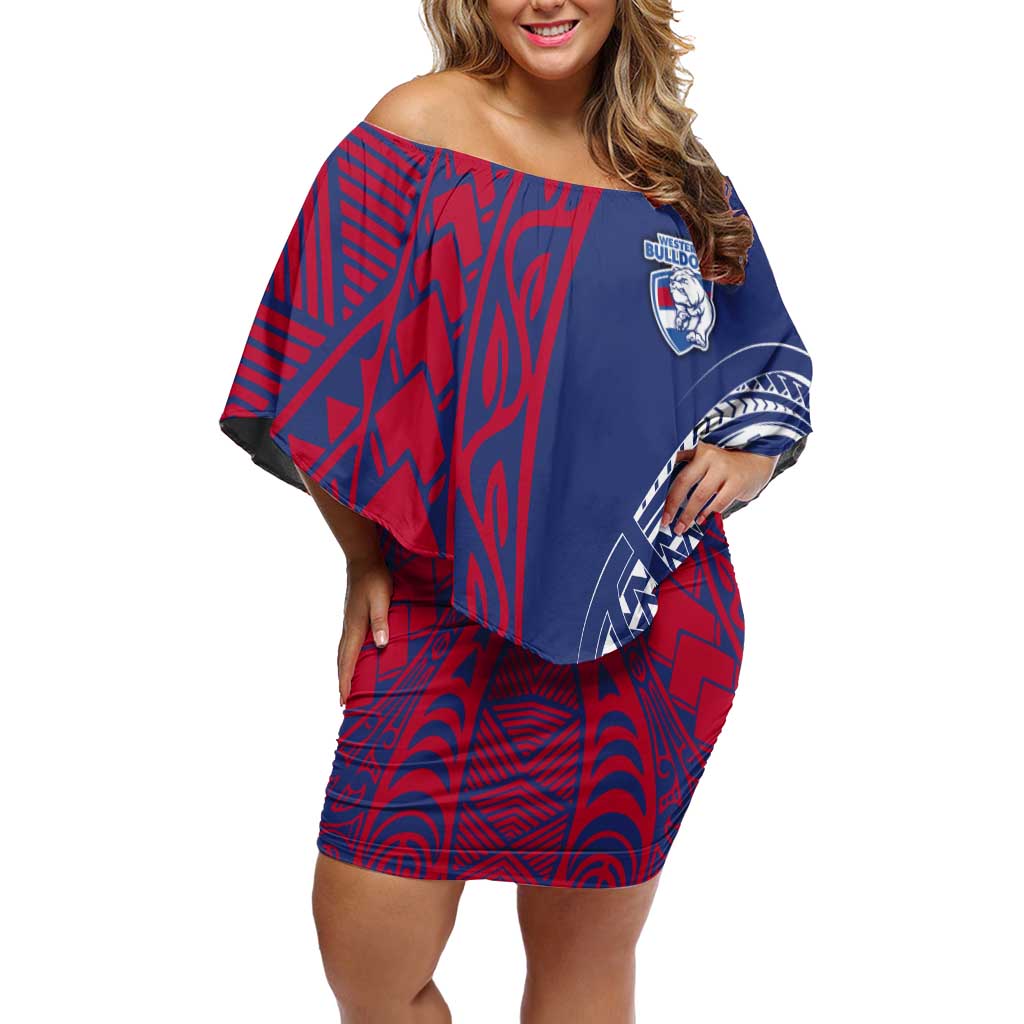 Personalised Western Bulldogs Mascot Off Shoulder Short Dress Polynesian Tribal Pattern Bold Bulldog Football