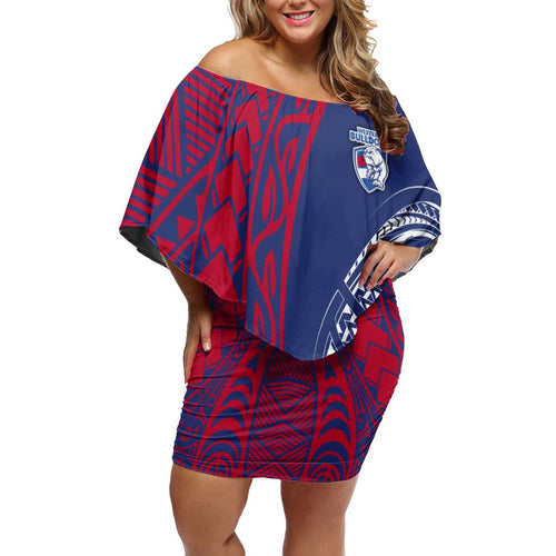 Personalised Western Bulldogs Mascot Off Shoulder Short Dress Polynesian Tribal Pattern Bold Bulldog Football
