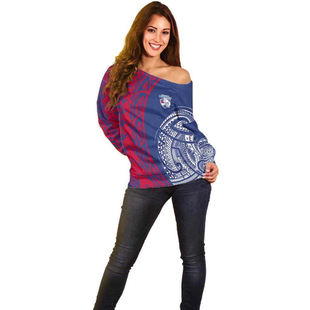 Personalised Western Bulldogs Mascot Off Shoulder Sweater Polynesian Tribal Pattern Bold Bulldog Football