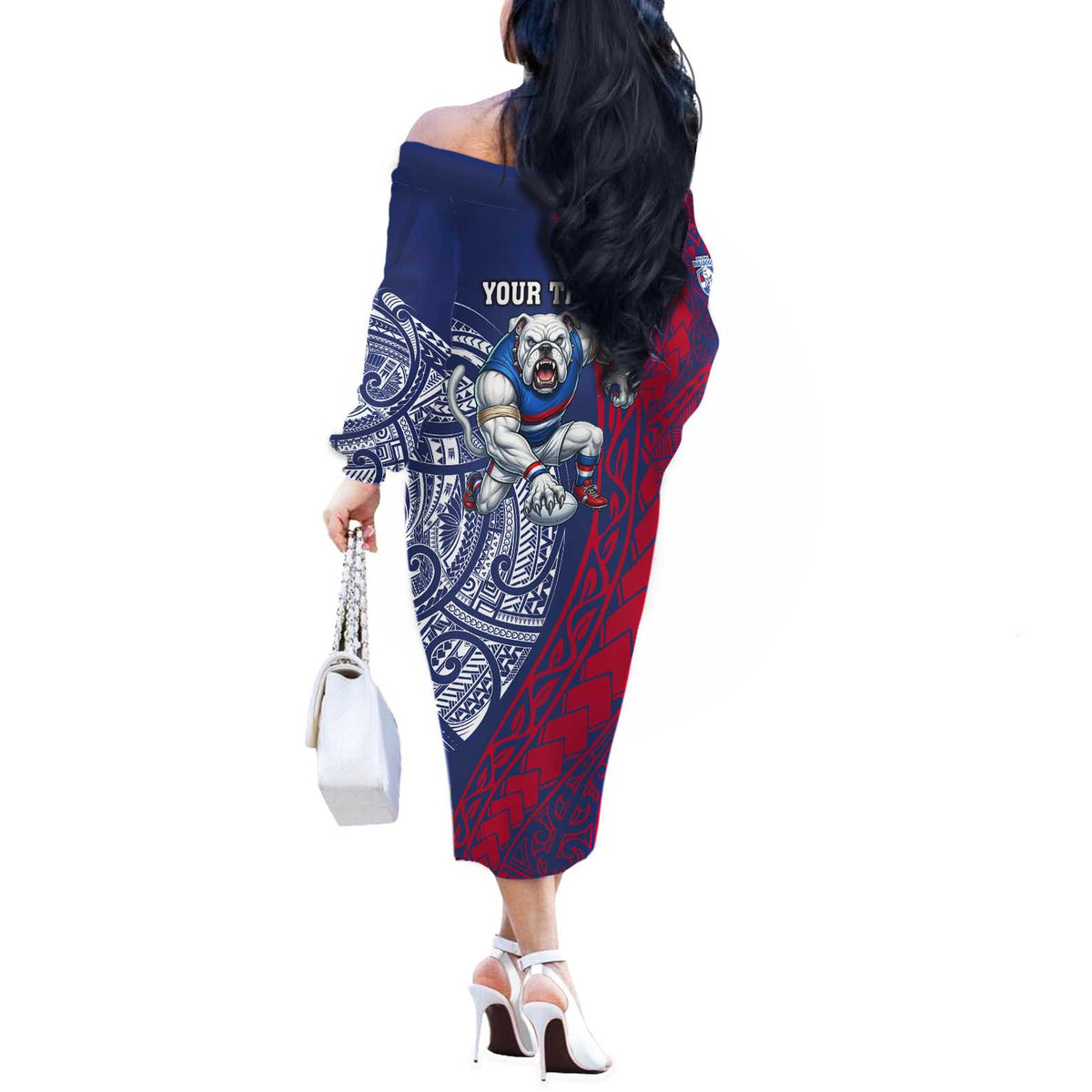 Personalised Western Bulldogs Mascot Off The Shoulder Long Sleeve Dress Polynesian Tribal Pattern Bold Bulldog Football