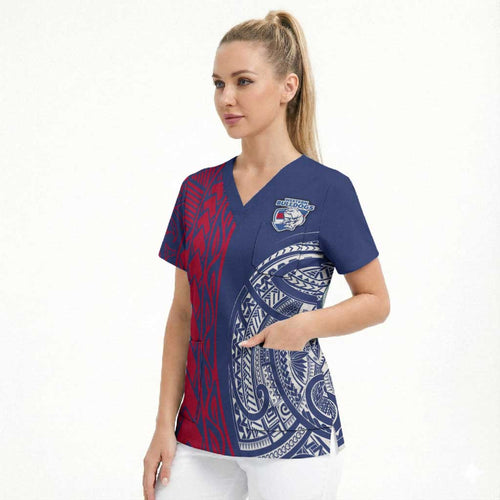 Personalised Western Bulldogs Mascot Scrub Top Polynesian Tribal Pattern Bold Bulldog Football