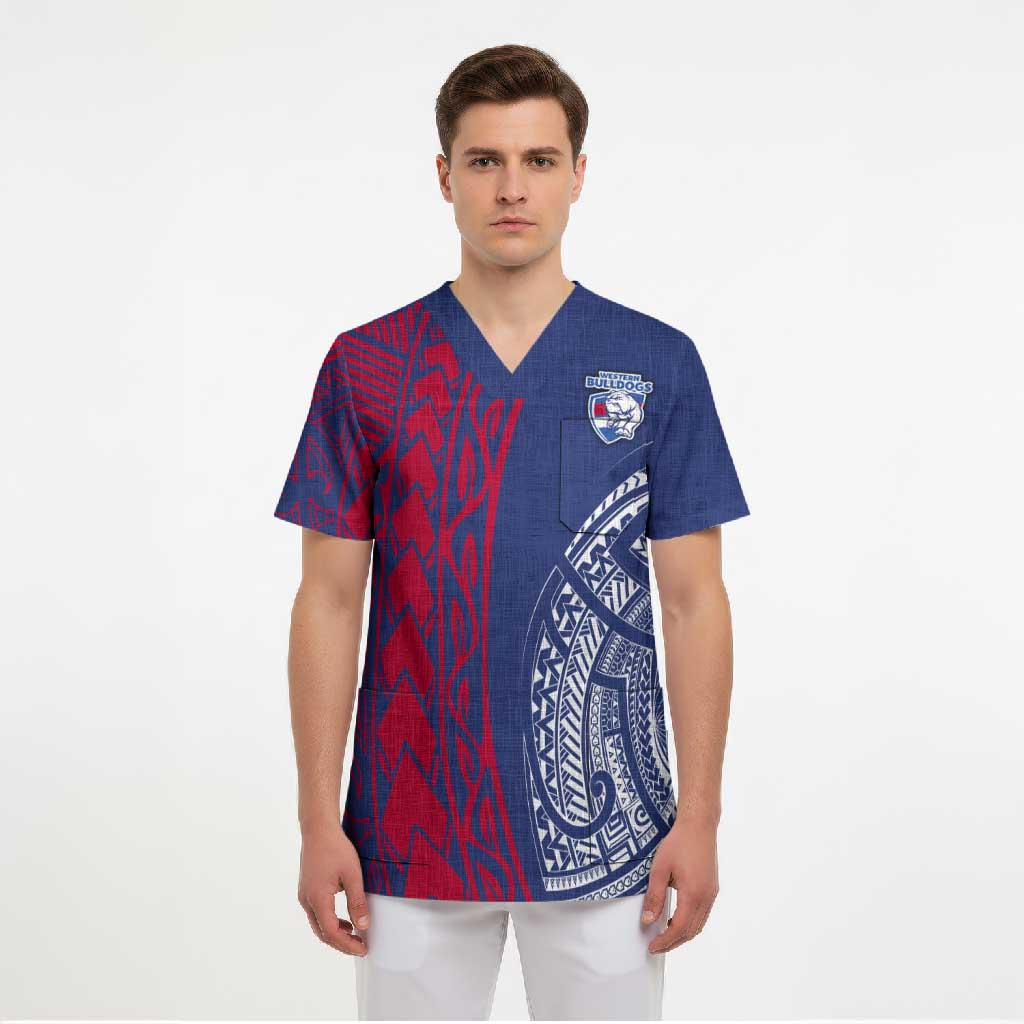 Personalised Western Bulldogs Mascot Scrub Top Polynesian Tribal Pattern Bold Bulldog Football