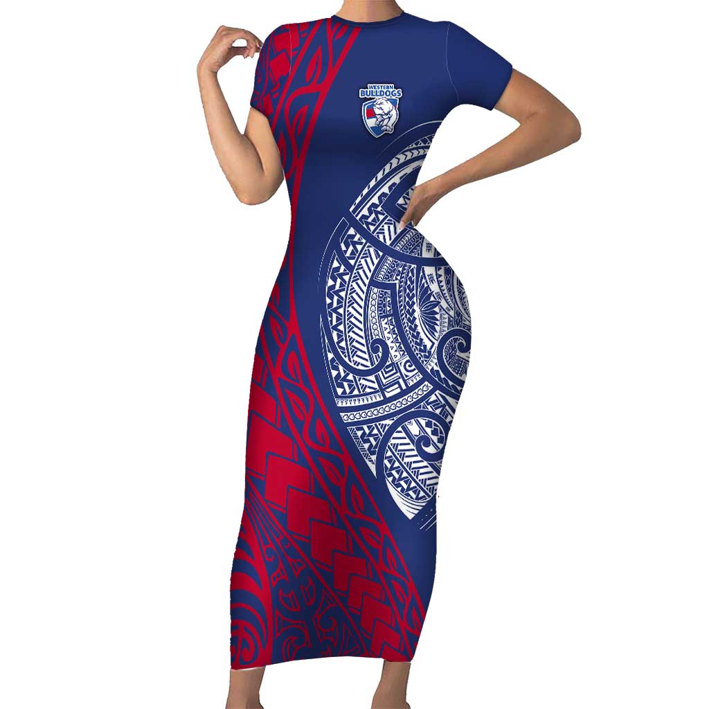 Personalised Western Bulldogs Mascot Short Sleeve Bodycon Dress Polynesian Tribal Pattern Bold Bulldog Football