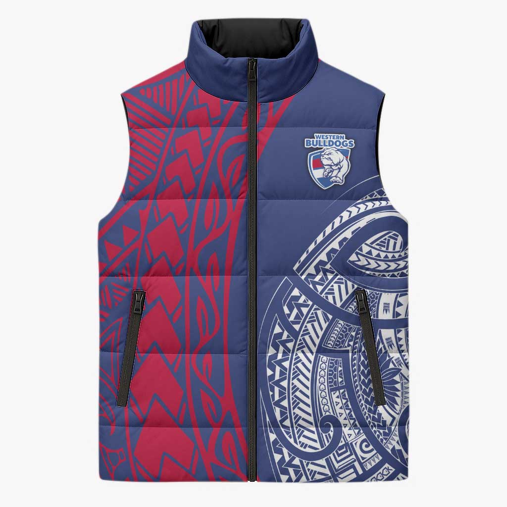 Personalised Western Bulldogs Mascot Sleeveless Puffer Jacket Polynesian Tribal Pattern Bold Bulldog Football