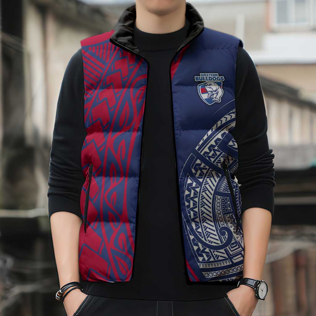 Personalised Western Bulldogs Mascot Sleeveless Puffer Jacket Polynesian Tribal Pattern Bold Bulldog Football