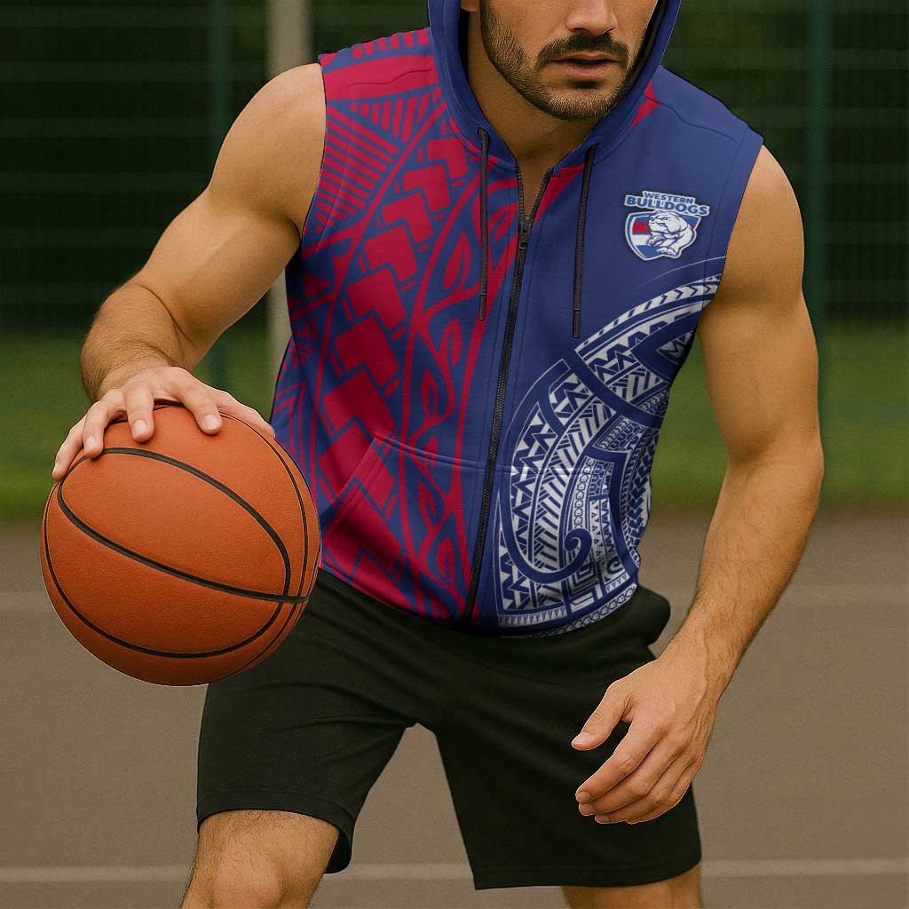 Personalised Western Bulldogs Mascot Sleeveless Zip Hoodie Polynesian Tribal Pattern Bold Bulldog Football