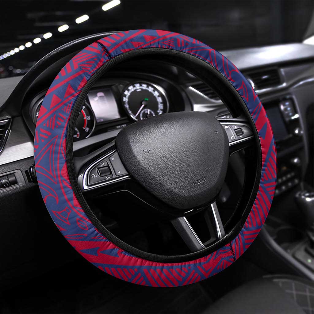 Western Bulldogs Mascot Steering Wheel Cover Polynesian Tribal Pattern Bold Bulldog Football