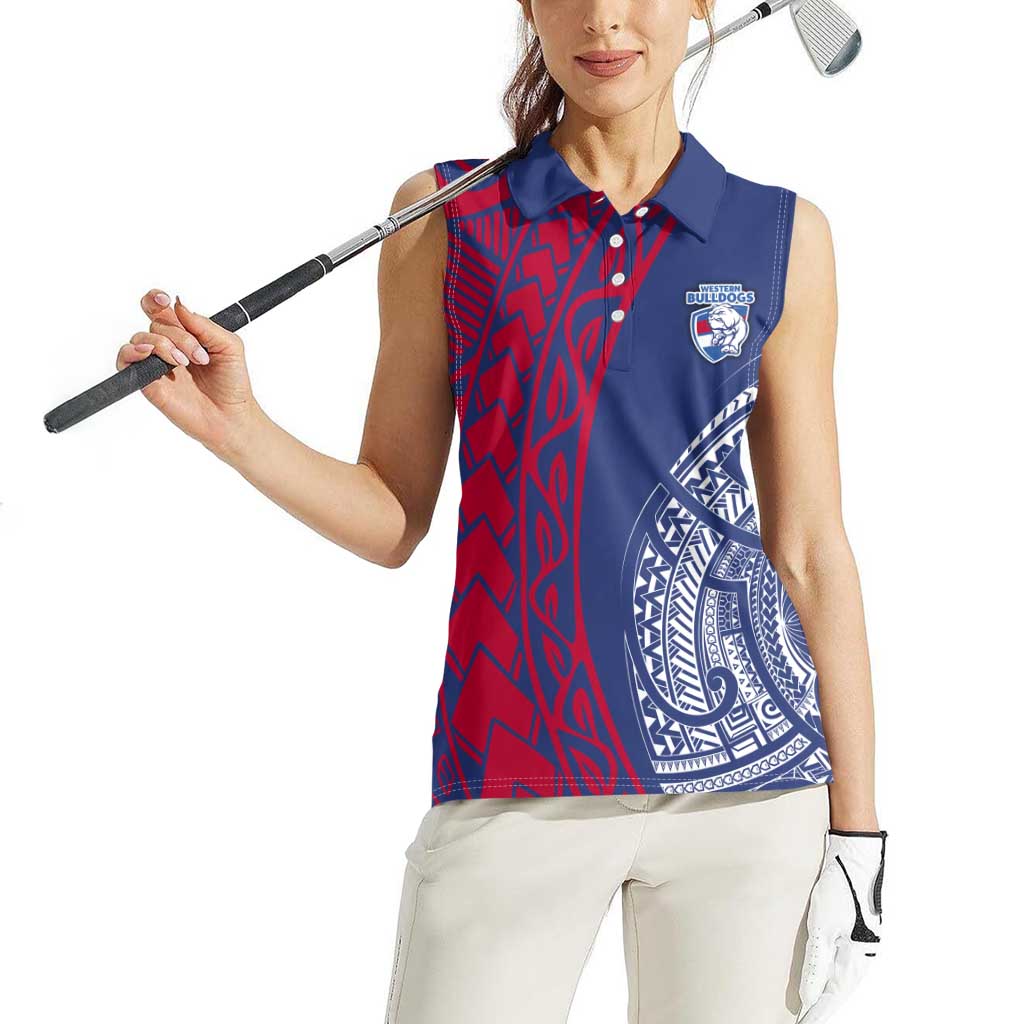 Personalised Western Bulldogs Mascot Women Sleeveless Polo Shirt Polynesian Tribal Pattern Bold Bulldog Football