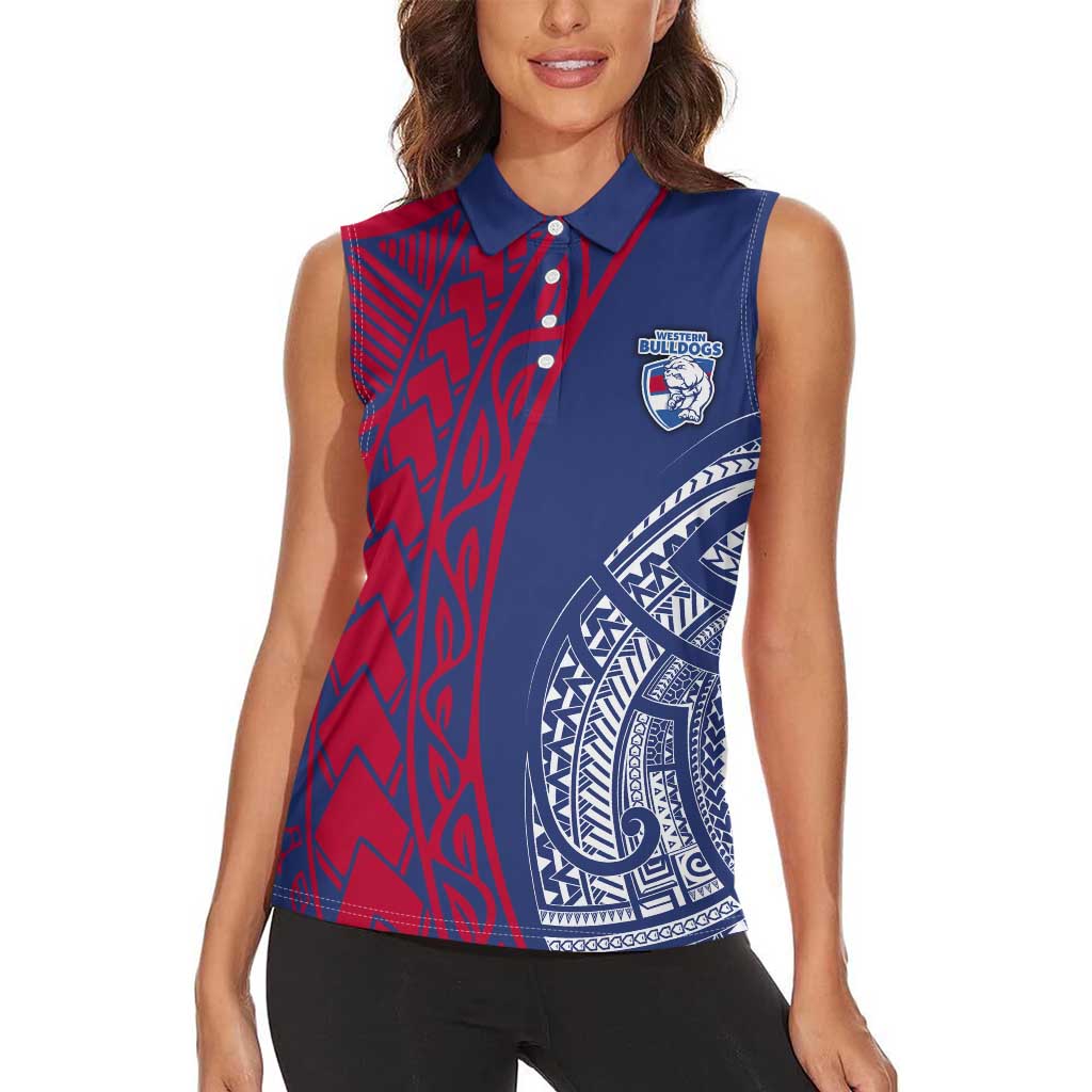 Personalised Western Bulldogs Mascot Women Sleeveless Polo Shirt Polynesian Tribal Pattern Bold Bulldog Football