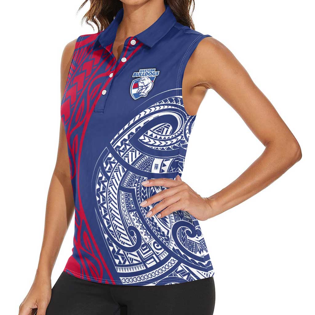 Personalised Western Bulldogs Mascot Women Sleeveless Polo Shirt Polynesian Tribal Pattern Bold Bulldog Football