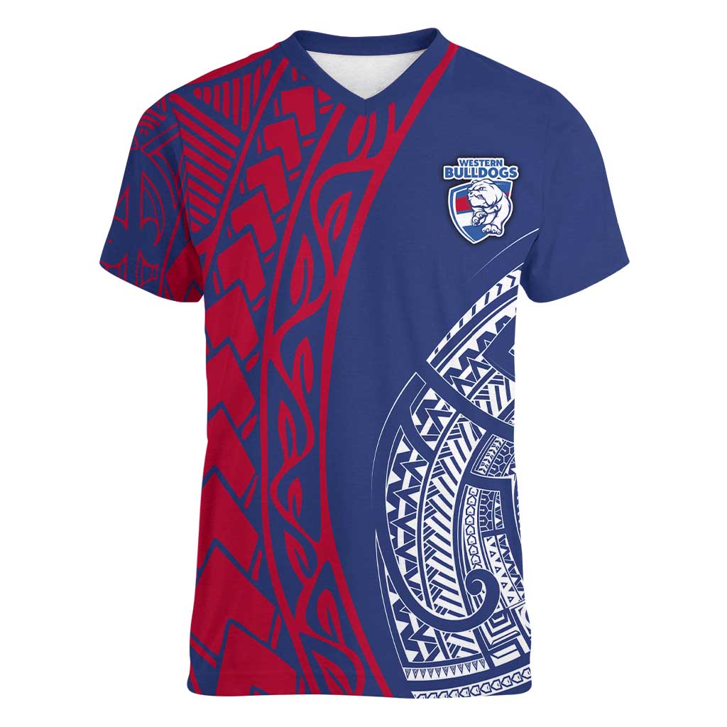 Personalised Western Bulldogs Mascot Women V-Neck T-Shirt Polynesian Tribal Pattern Bold Bulldog Football