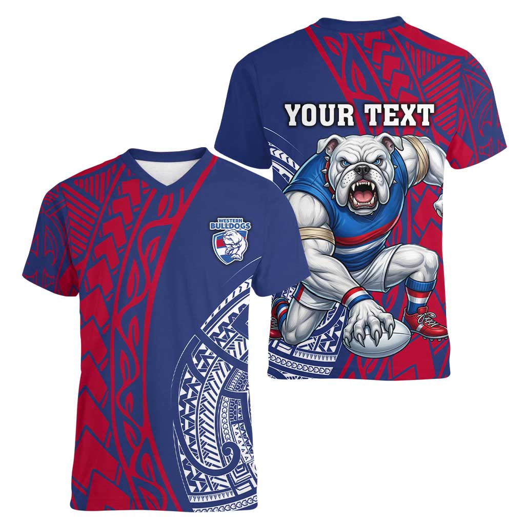 Personalised Western Bulldogs Mascot Women V-Neck T-Shirt Polynesian Tribal Pattern Bold Bulldog Football