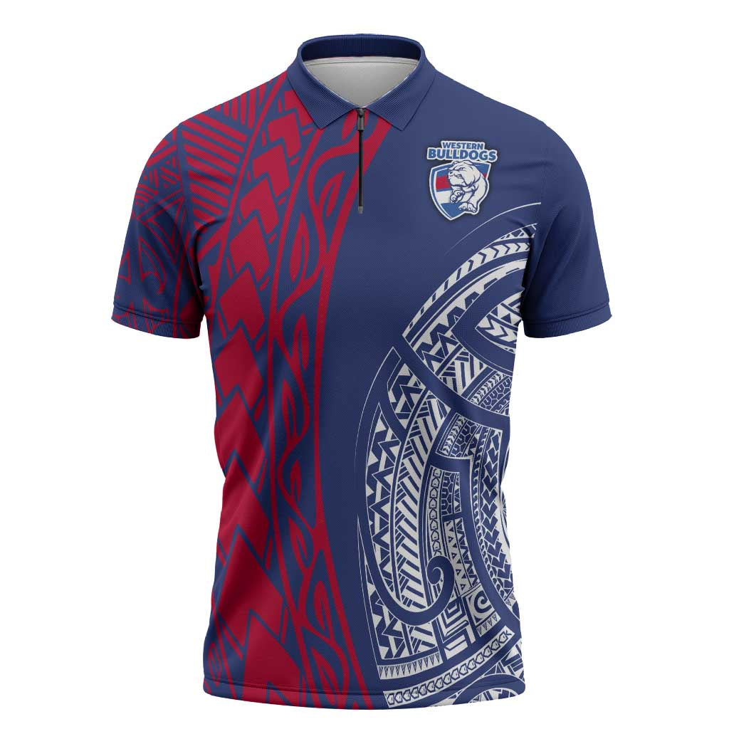 Personalised Western Bulldogs Mascot Zipper Polo Shirt Polynesian Tribal Pattern Bold Bulldog Football