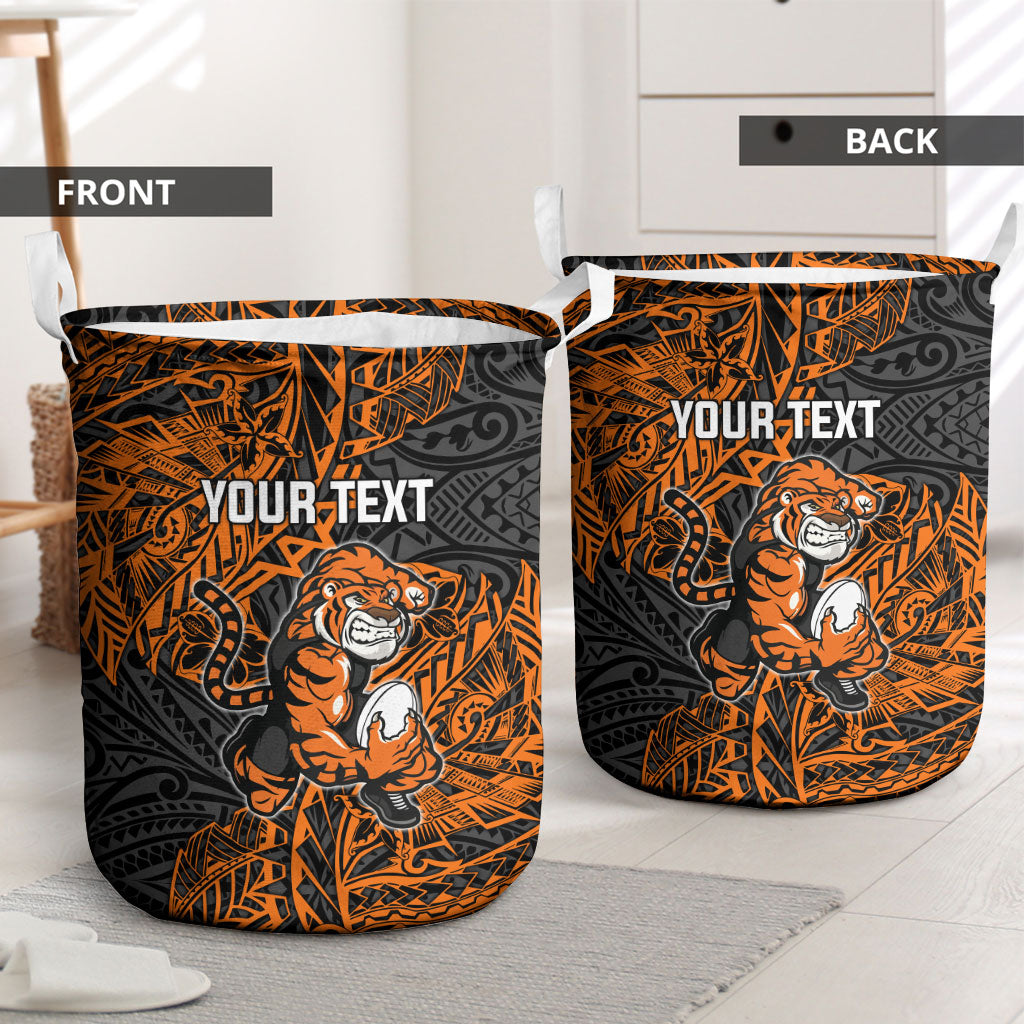 Personalized Wests Tigers Rugby Laundry Basket Polynesian Tribal Tiger Warrior - Orange Black Art