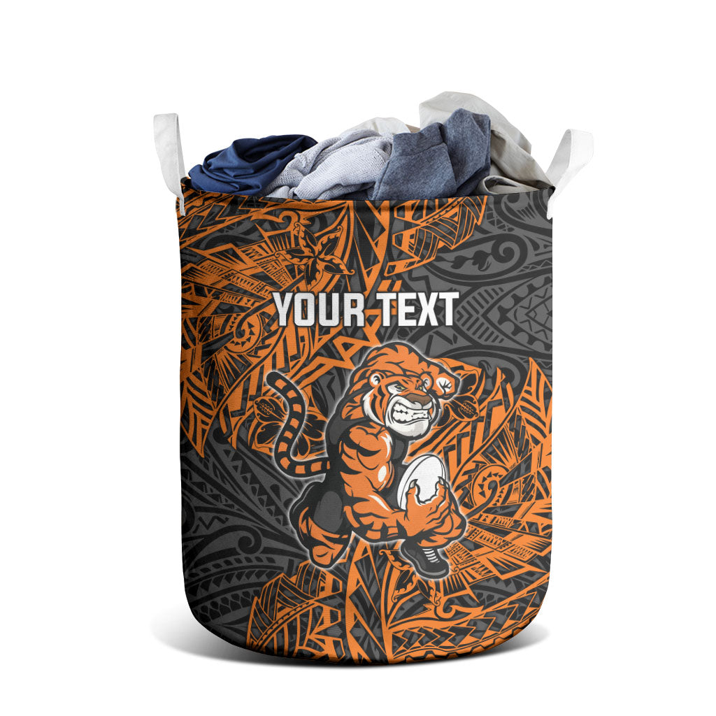 Personalized Wests Tigers Rugby Laundry Basket Polynesian Tribal Tiger Warrior - Orange Black Art
