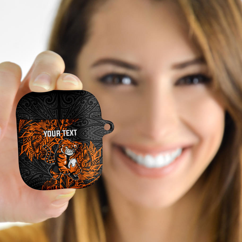 Personalized Wests Tigers Rugby AirPods Case Polynesian Tribal Tiger Warrior - Orange Black Art