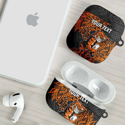 Personalized Wests Tigers Rugby AirPods Case Polynesian Tribal Tiger Warrior - Orange Black Art