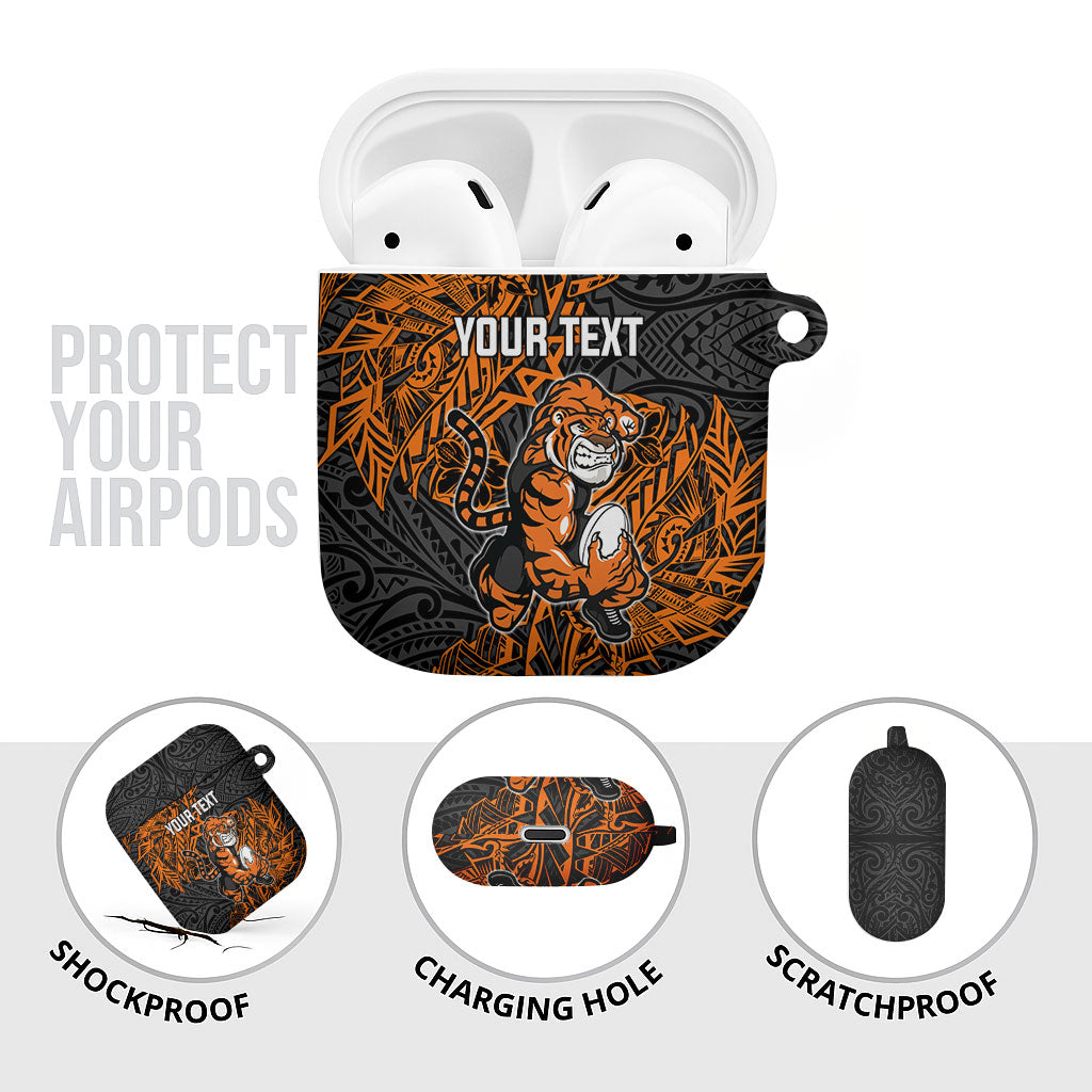 Personalized Wests Tigers Rugby AirPods Case Polynesian Tribal Tiger Warrior - Orange Black Art