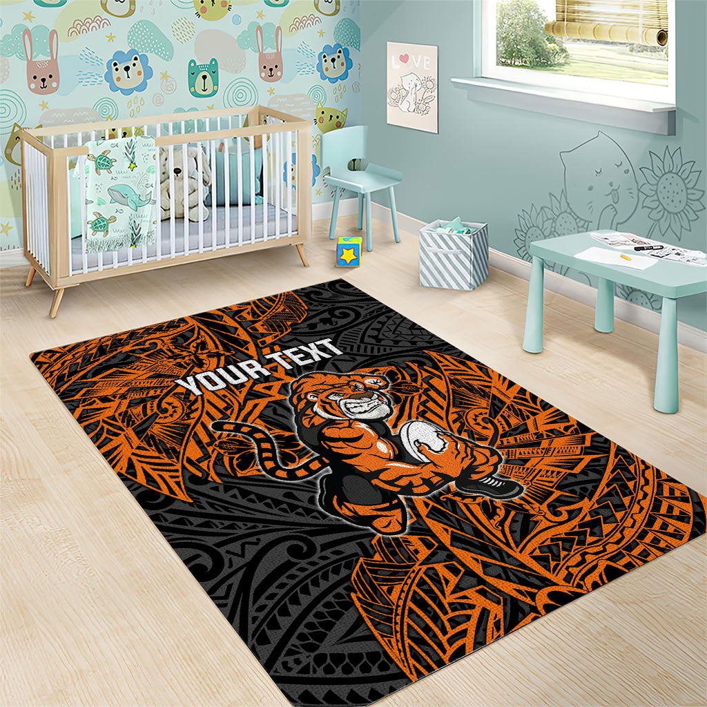 Personalized Wests Tigers Rugby Area Rug Polynesian Tribal Tiger Warrior - Orange Black Art