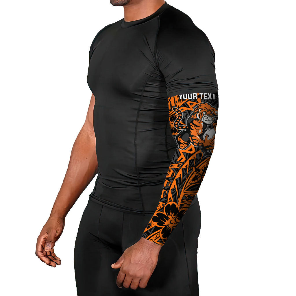 Personalized Wests Tigers Rugby Arm Sleeves Polynesian Tribal Tiger Warrior - Orange Black Art