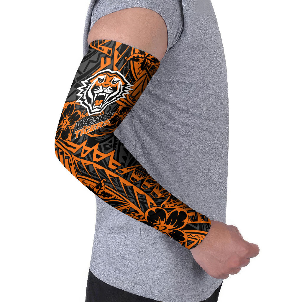 Personalized Wests Tigers Rugby Arm Sleeves Polynesian Tribal Tiger Warrior - Orange Black Art