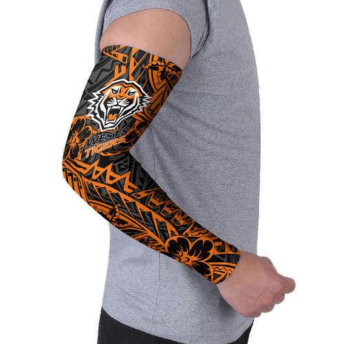 Personalized Wests Tigers Rugby Arm Sleeves Polynesian Tribal Tiger Warrior - Orange Black Art