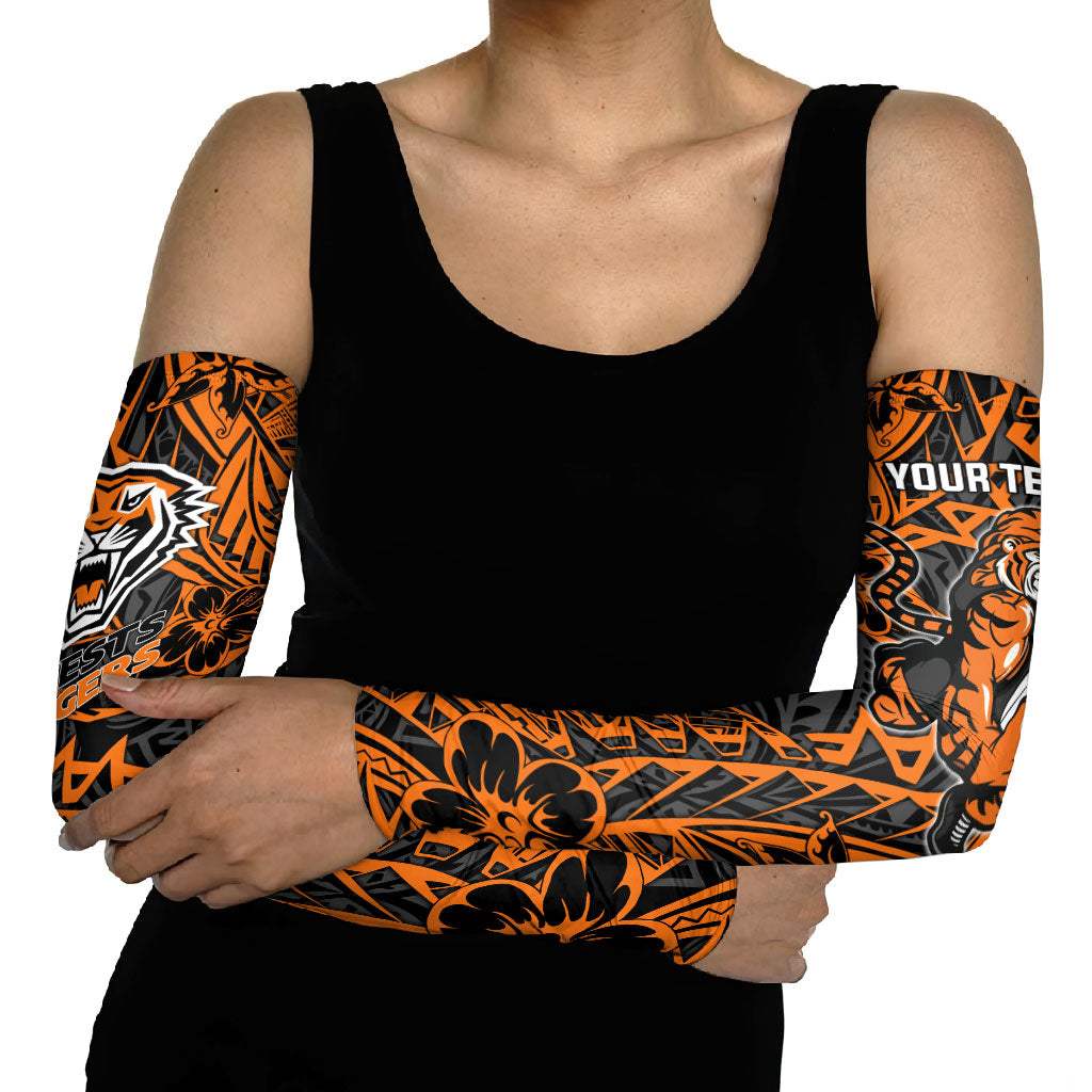Personalized Wests Tigers Rugby Arm Sleeves Polynesian Tribal Tiger Warrior - Orange Black Art