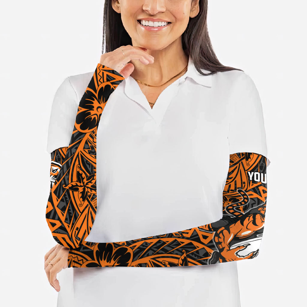 Personalized Wests Tigers Rugby Arm Sleeves Polynesian Tribal Tiger Warrior - Orange Black Art