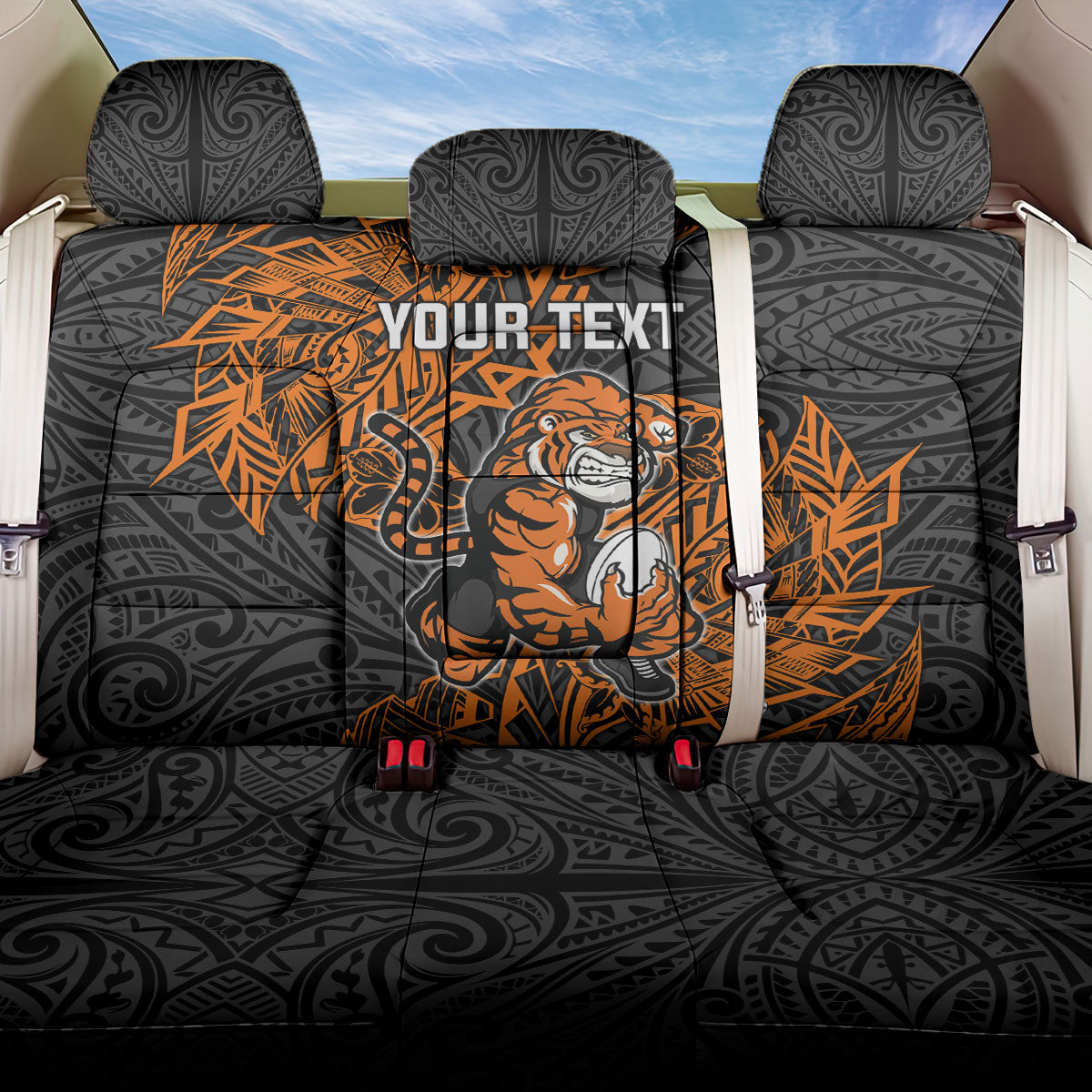 Personalized Wests Tigers Rugby Back Car Seat Cover Polynesian Tribal Tiger Warrior - Orange Black Art