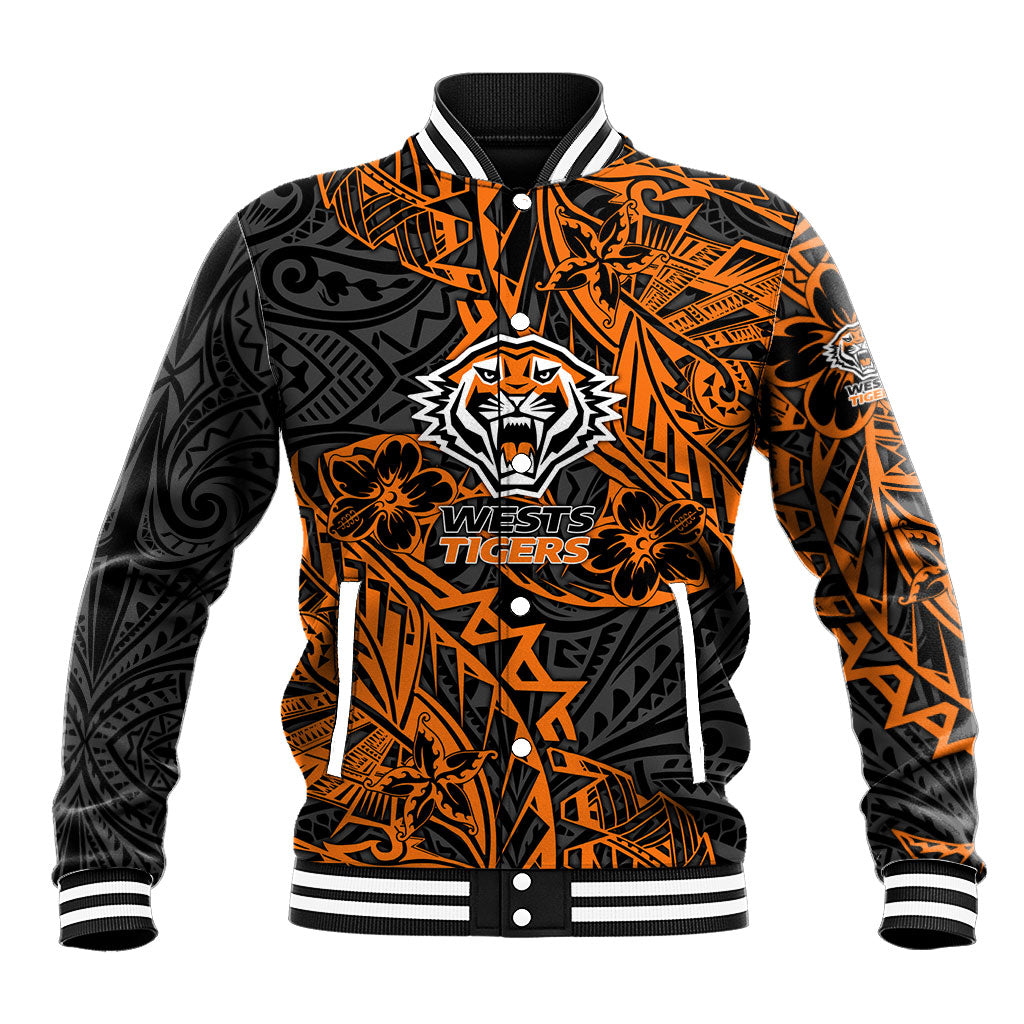 Personalized Wests Tigers Rugby Baseball Jacket Polynesian Tribal Tiger Warrior - Orange Black Art