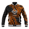 Personalized Wests Tigers Rugby Baseball Jacket Polynesian Tribal Tiger Warrior - Orange Black Art