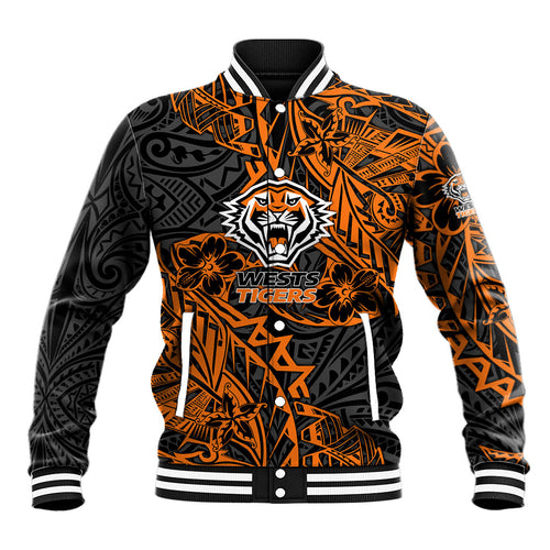 Personalized Wests Tigers Rugby Baseball Jacket Polynesian Tribal Tiger Warrior - Orange Black Art