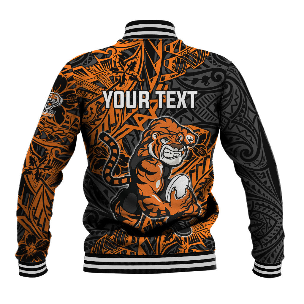 Personalized Wests Tigers Rugby Baseball Jacket Polynesian Tribal Tiger Warrior - Orange Black Art