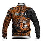 Personalized Wests Tigers Rugby Baseball Jacket Polynesian Tribal Tiger Warrior - Orange Black Art