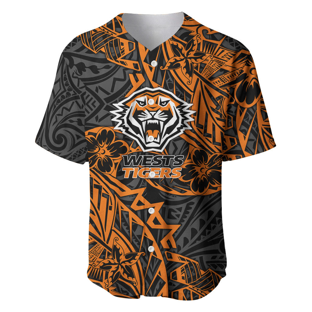 Personalized Wests Tigers Rugby Baseball Jersey Polynesian Tribal Tiger Warrior - Orange Black Art