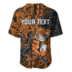 Personalized Wests Tigers Rugby Baseball Jersey Polynesian Tribal Tiger Warrior - Orange Black Art