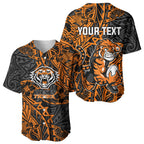 Personalized Wests Tigers Rugby Baseball Jersey Polynesian Tribal Tiger Warrior - Orange Black Art