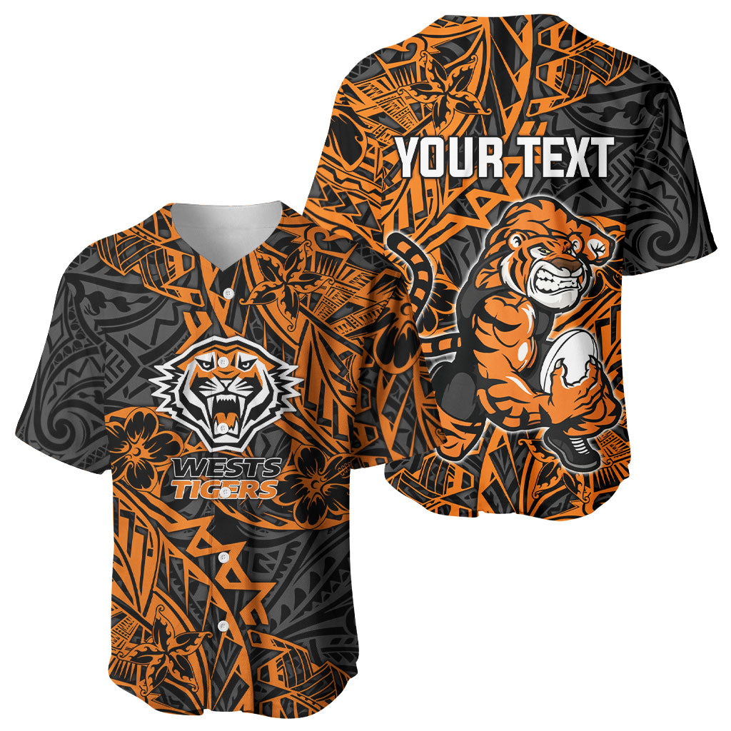 Personalized Wests Tigers Rugby Baseball Jersey Polynesian Tribal Tiger Warrior - Orange Black Art