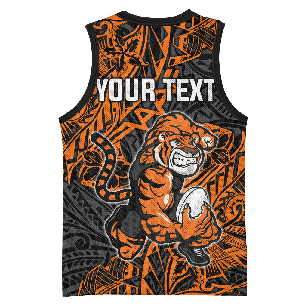 Personalized Wests Tigers Rugby Basketball Jersey Polynesian Tribal Tiger Warrior - Orange Black Art