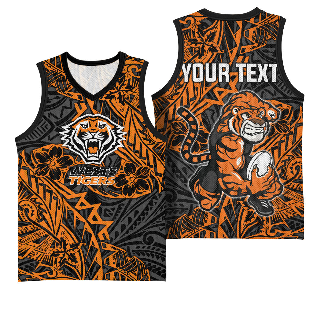 Personalized Wests Tigers Rugby Basketball Jersey Polynesian Tribal Tiger Warrior - Orange Black Art