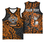 Personalized Wests Tigers Rugby Basketball Jersey Polynesian Tribal Tiger Warrior - Orange Black Art