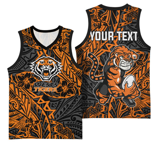 Personalized Wests Tigers Rugby Basketball Jersey Polynesian Tribal Tiger Warrior - Orange Black Art