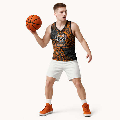 Personalized Wests Tigers Rugby Basketball Jersey Polynesian Tribal Tiger Warrior - Orange Black Art