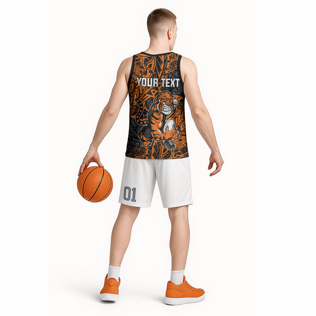 Personalized Wests Tigers Rugby Basketball Jersey Polynesian Tribal Tiger Warrior - Orange Black Art