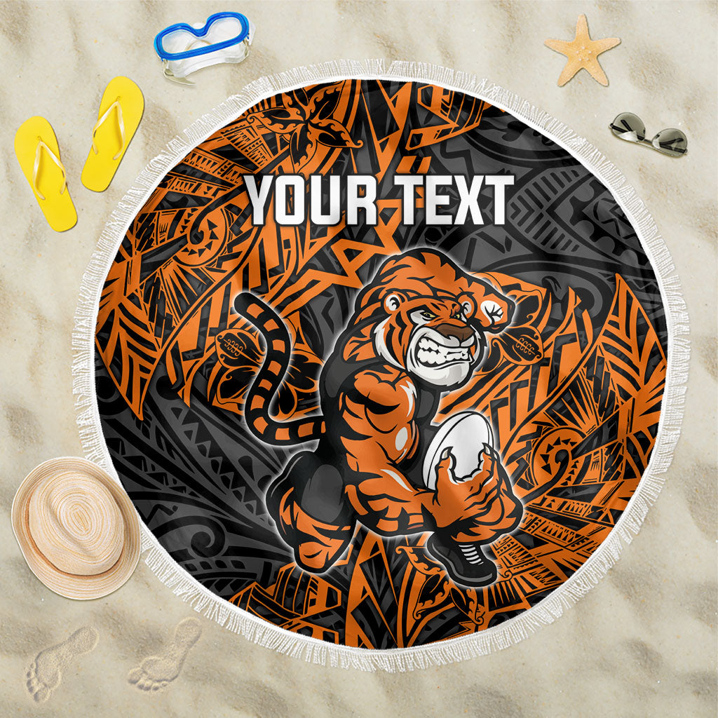 Personalized Wests Tigers Rugby Beach Blanket Polynesian Tribal Tiger Warrior - Orange Black Art