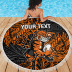 Personalized Wests Tigers Rugby Beach Blanket Polynesian Tribal Tiger Warrior - Orange Black Art