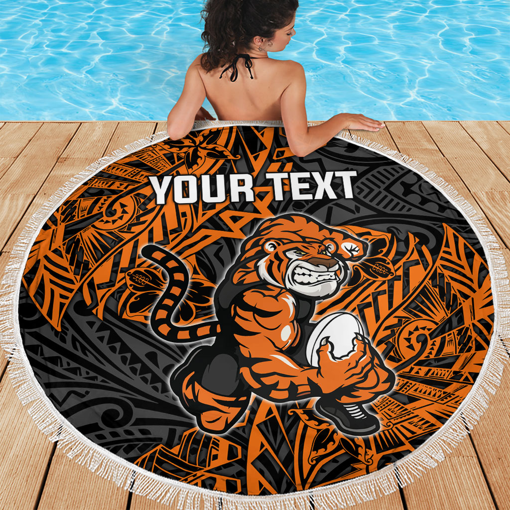 Personalized Wests Tigers Rugby Beach Blanket Polynesian Tribal Tiger Warrior - Orange Black Art