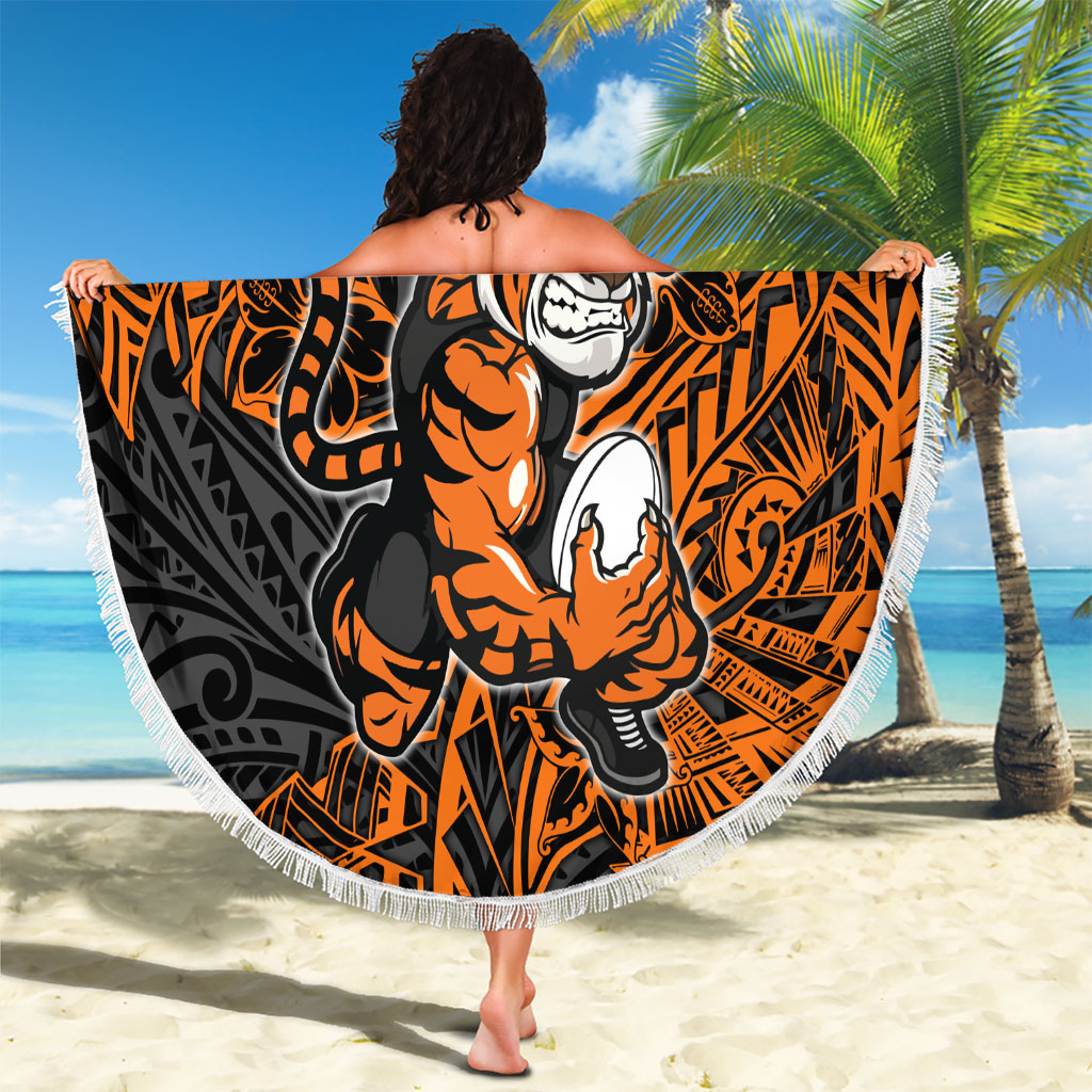 Personalized Wests Tigers Rugby Beach Blanket Polynesian Tribal Tiger Warrior - Orange Black Art